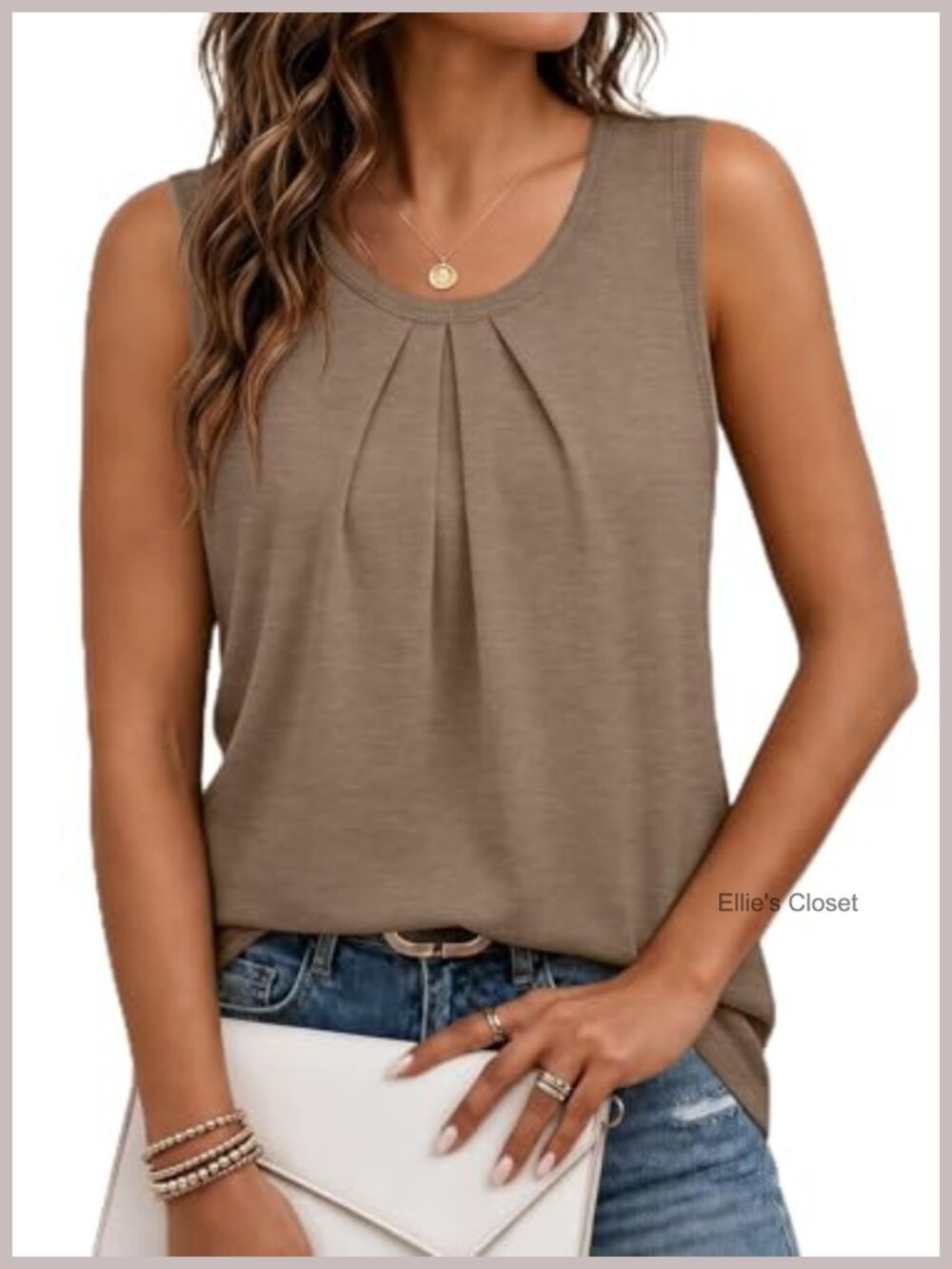 Pleated Front Sleeveless Tank Top Flowy Stretch Tee